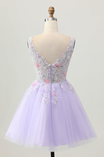 Beaded A Line Sequins Appliqued Lilac Short Prom Dress